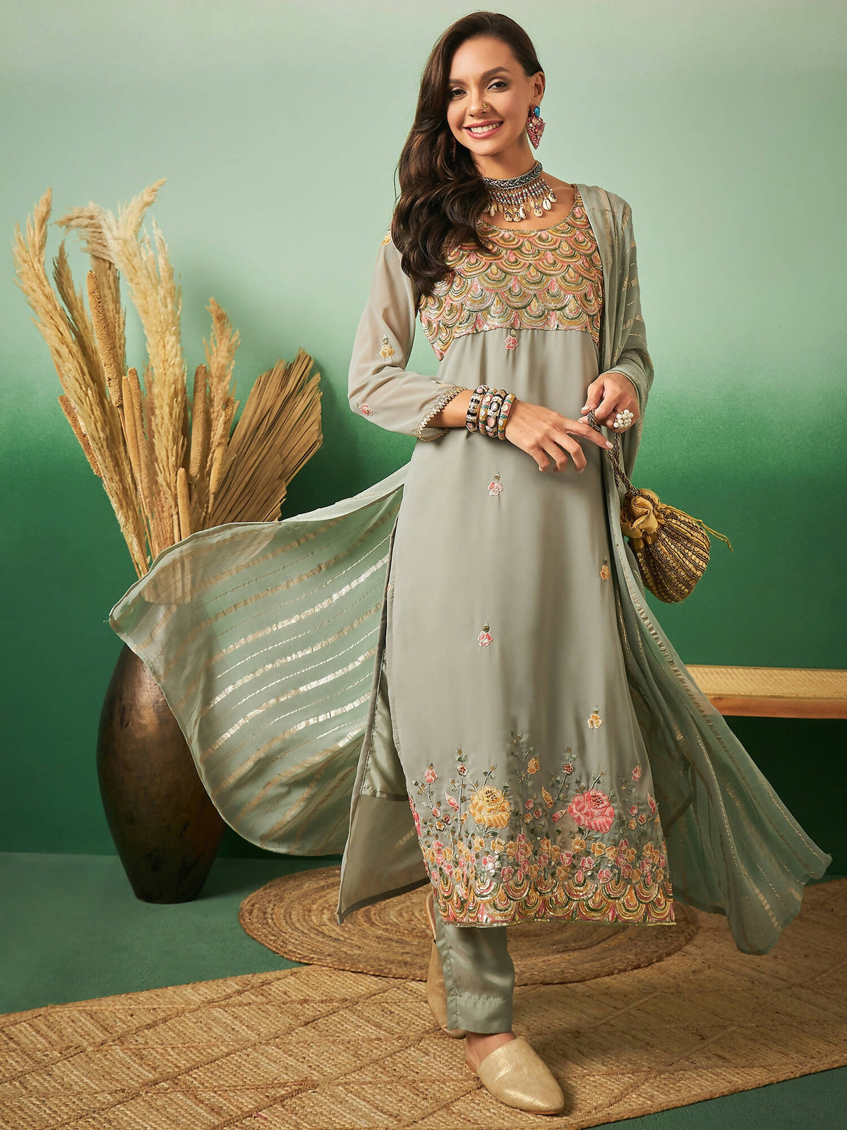 Light Green Georgette Handwork Unstitched Dress Material - Hanika | Grocsy