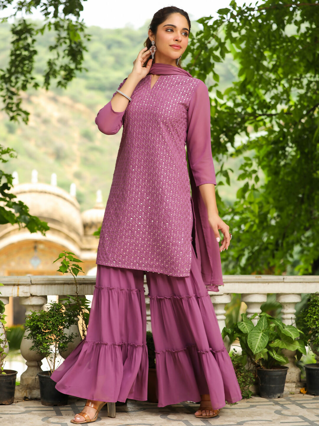 Janasya Lavender Georgette Embroidered Kurta,Bottom & Dupatta | Grocsy