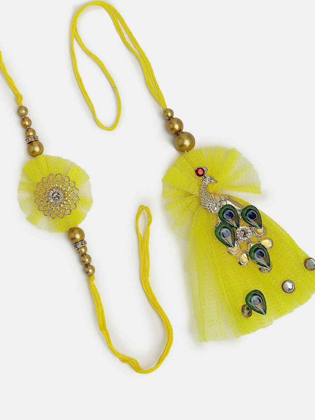 NVR Women & Men Set of 2 Yellow Peacock Design Bhaiya Bhabhi Rakhi With Roli Chawal & Chocolate | Grocsy