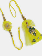 NVR Women & Men Set of 2 Yellow Peacock Design Bhaiya Bhabhi Rakhi With Roli Chawal & Chocolate | Grocsy