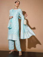 Myshka Women Blue Printed Kurta & Palazzos With Dupatta | Grocsy