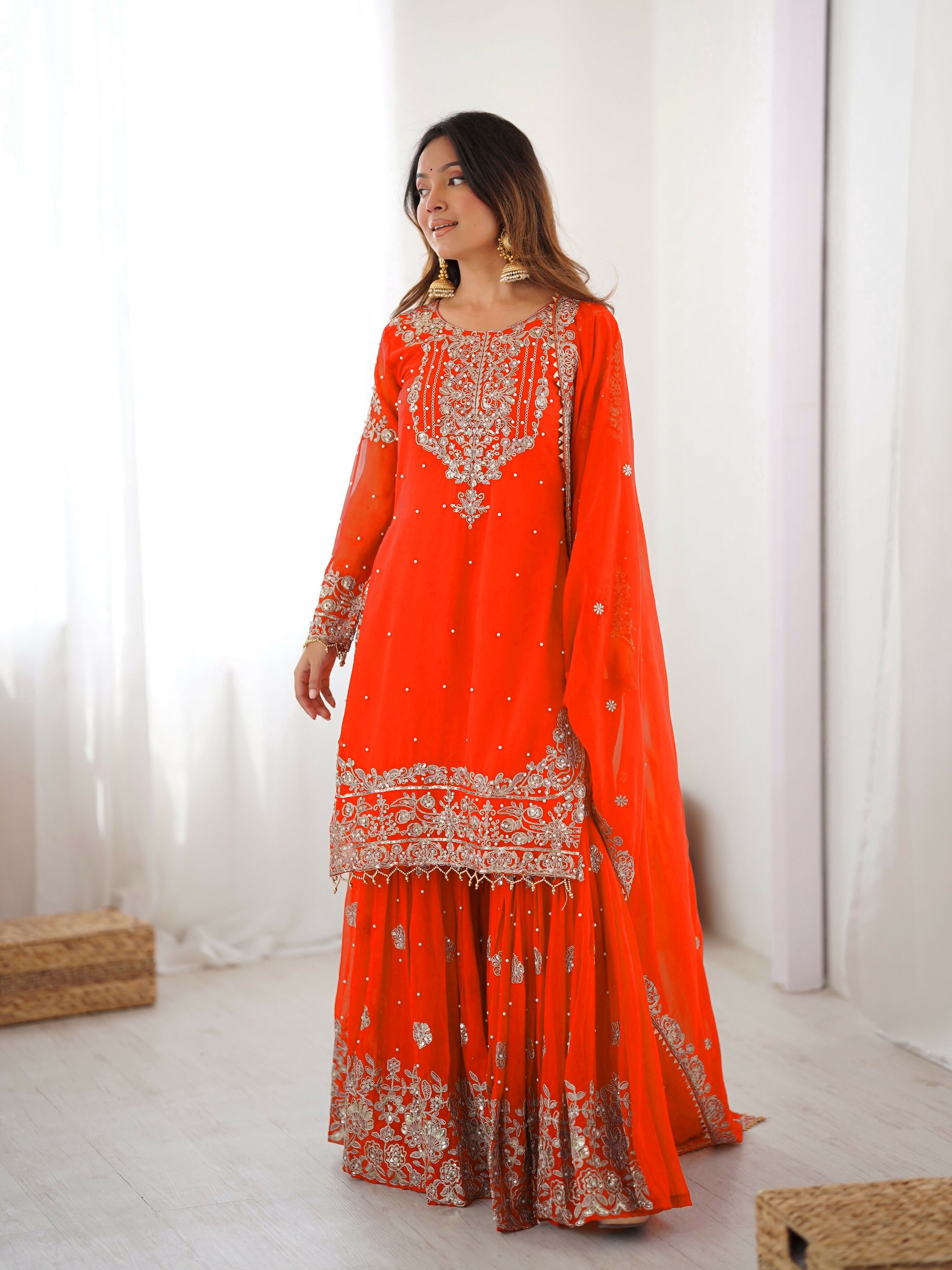 Lehenga Mart Designer Sharara Suit With Kurta, Sharara, Dupatta For Women-Orange | Grocsy