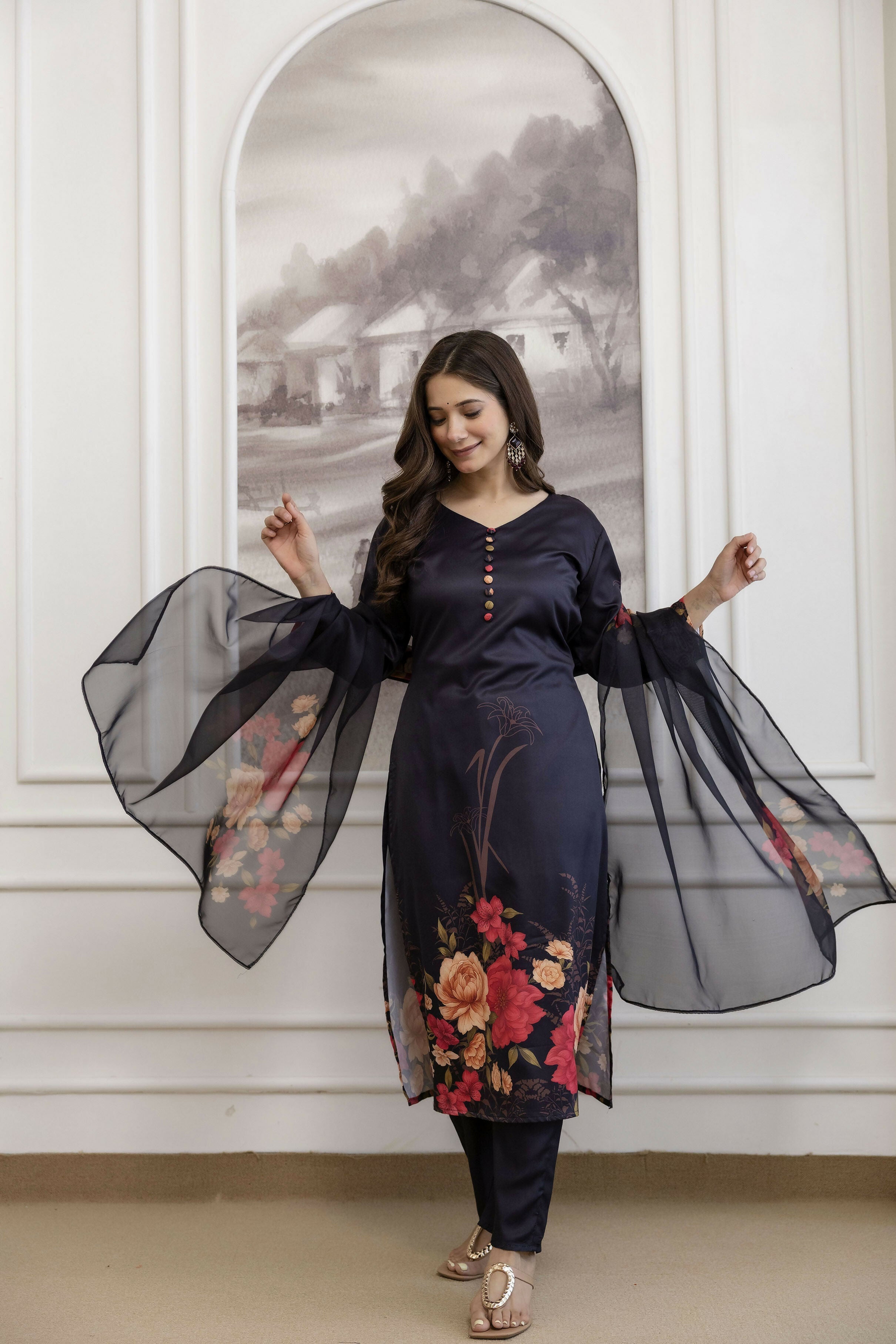 The52 Women's Beautiful Soft Assam Fabric Printed Work A-line Kurta Pant and Dupatta Set | Grocsy