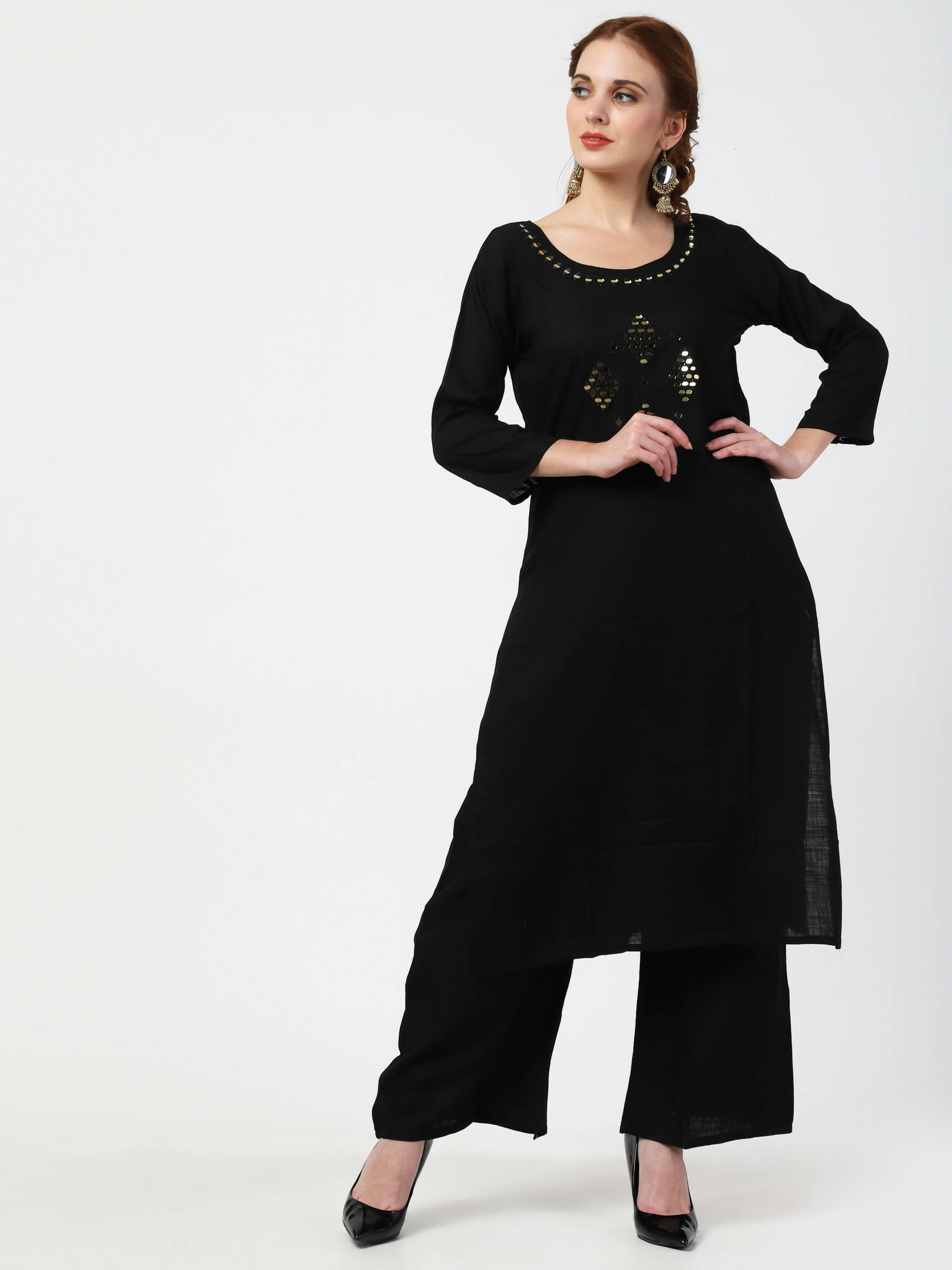 Cheera Women's Black Rayon Slub Kurta Palazzo Organza Silk Dupatta Set | Grocsy