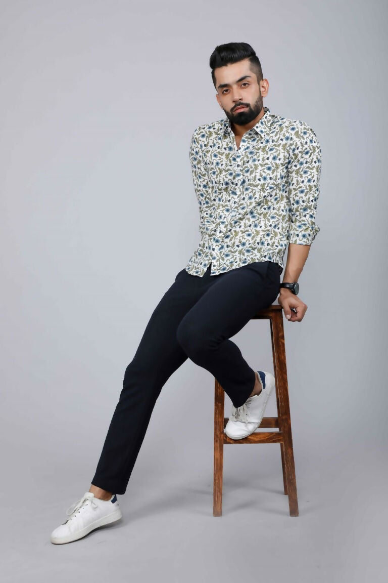 Miravan Men's White & Blue Floral Print Cotton Regular Fit Shirt | Grocsy