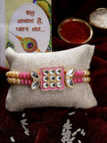 NVR Men Pink & Gold-Toned Kundan-Studded Rakhi With Roli Chawal & Chocolate | Grocsy