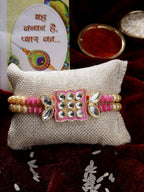 NVR Men Pink & Gold-Toned Kundan-Studded Rakhi With Roli Chawal & Chocolate | Grocsy
