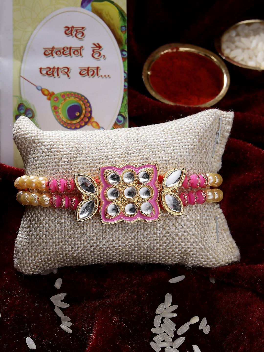 NVR Men Pink & Gold-Toned Kundan-Studded Rakhi With Roli Chawal & Chocolate | Grocsy