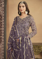 Net Dusty Purple Embroidered Festive Gharara Style Suit - Emponline | Grocsy
