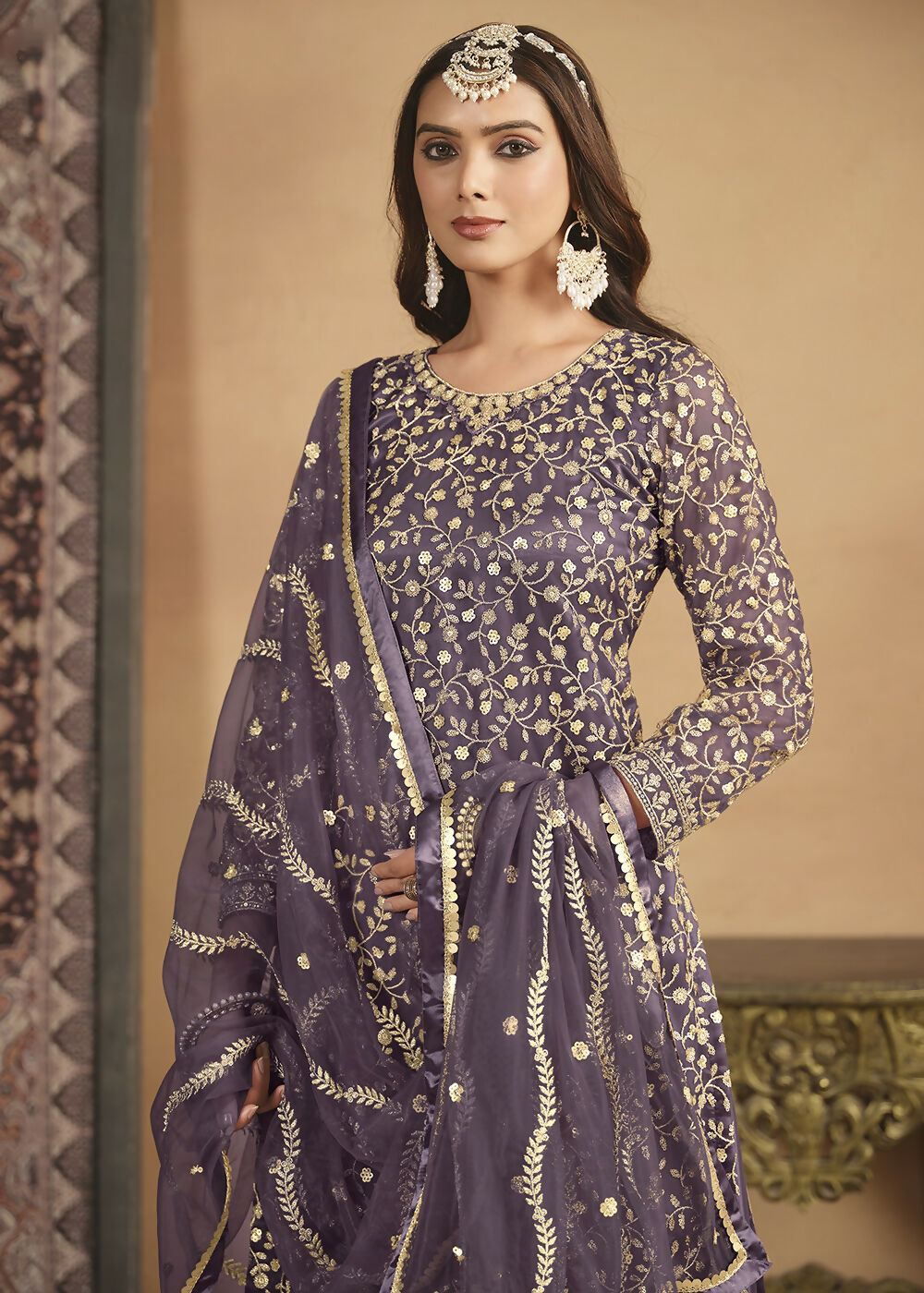 Net Dusty Purple Embroidered Festive Gharara Style Suit - Emponline | Grocsy
