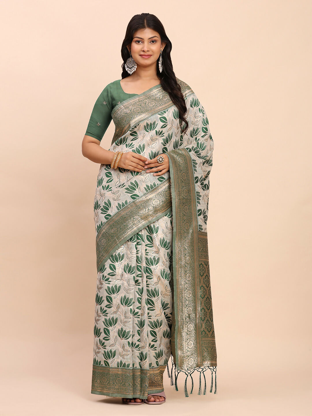 Shree Shyam Fashion Linen Cotton Green Saree | Grocsy