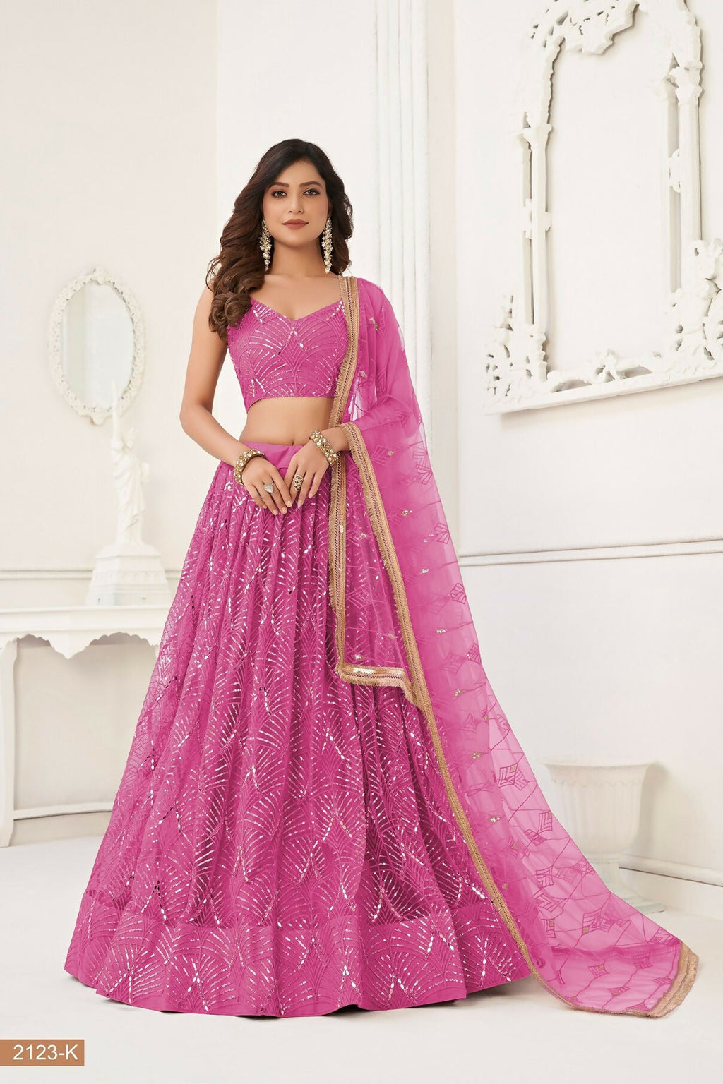 Eilara Pink Thread Sequin Embroidered Net Lehenga Set | Grocsy