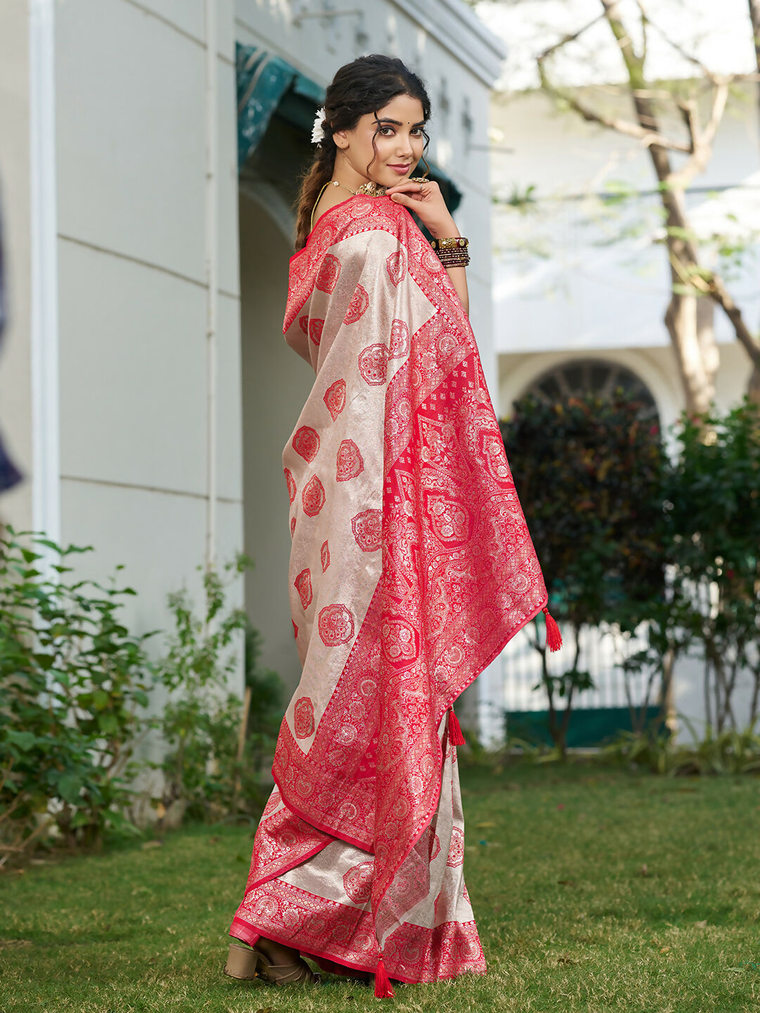 Shree Shyam Fashion Cream With Red Silk Blend Saree | Grocsy