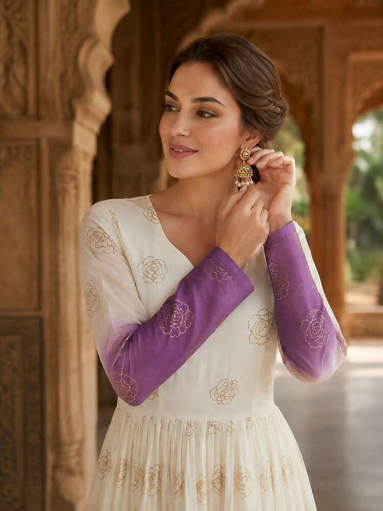 Teeya Creation Lavendar and White Gradient Anarkali Gown with Gold Floral Motifs | Grocsy