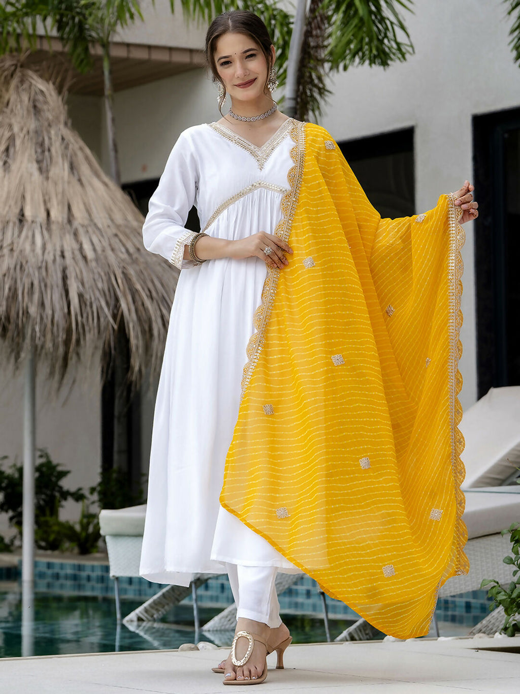 The52 White Women's Gorgeous Embroidered Chanderi Fabric Straight Kurta, Pant and Dupatta Set | Grocsy