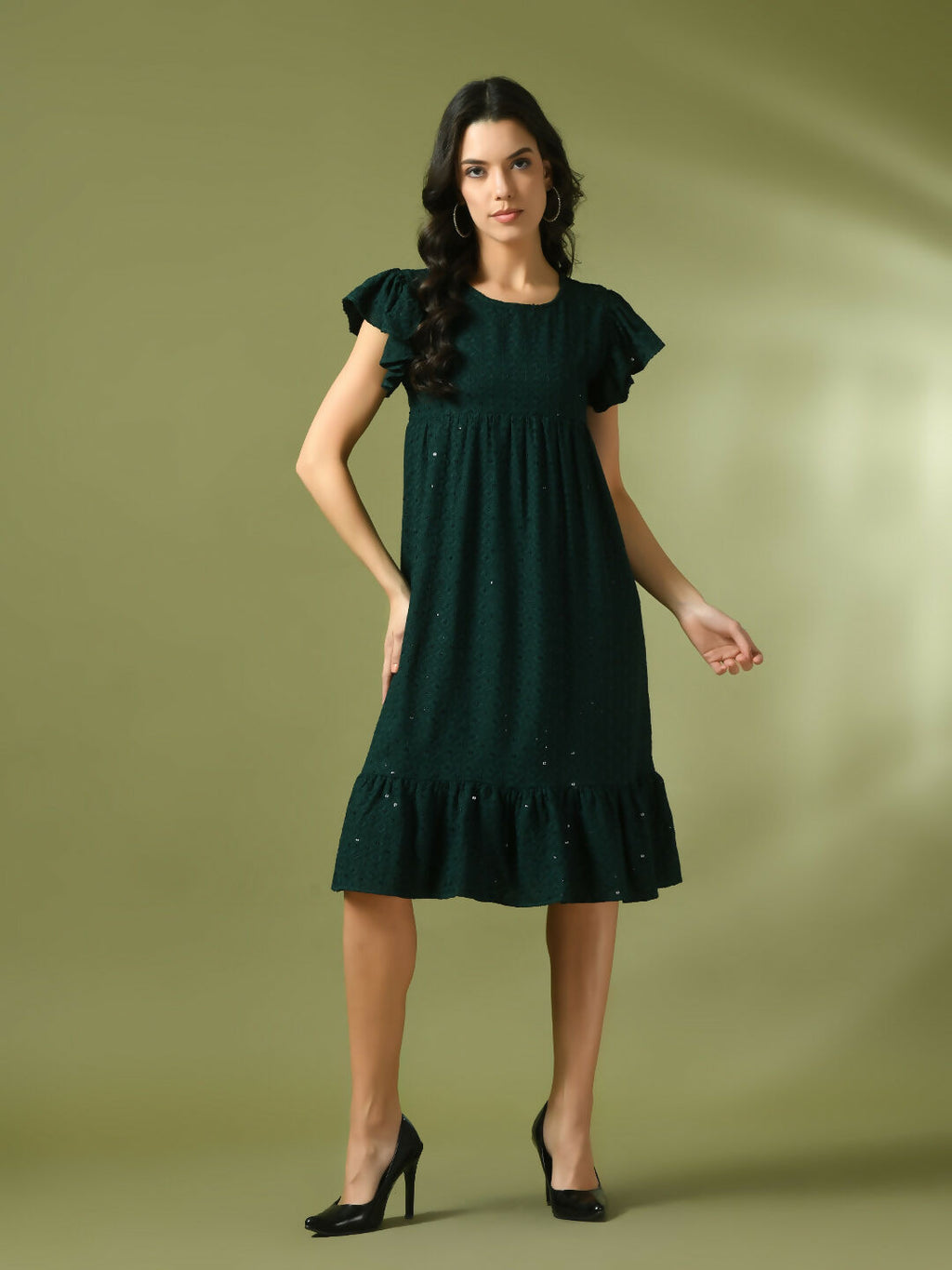Myshka Women's Green Embroidered Cotton Round Neck A-Line Party Dress | Grocsy