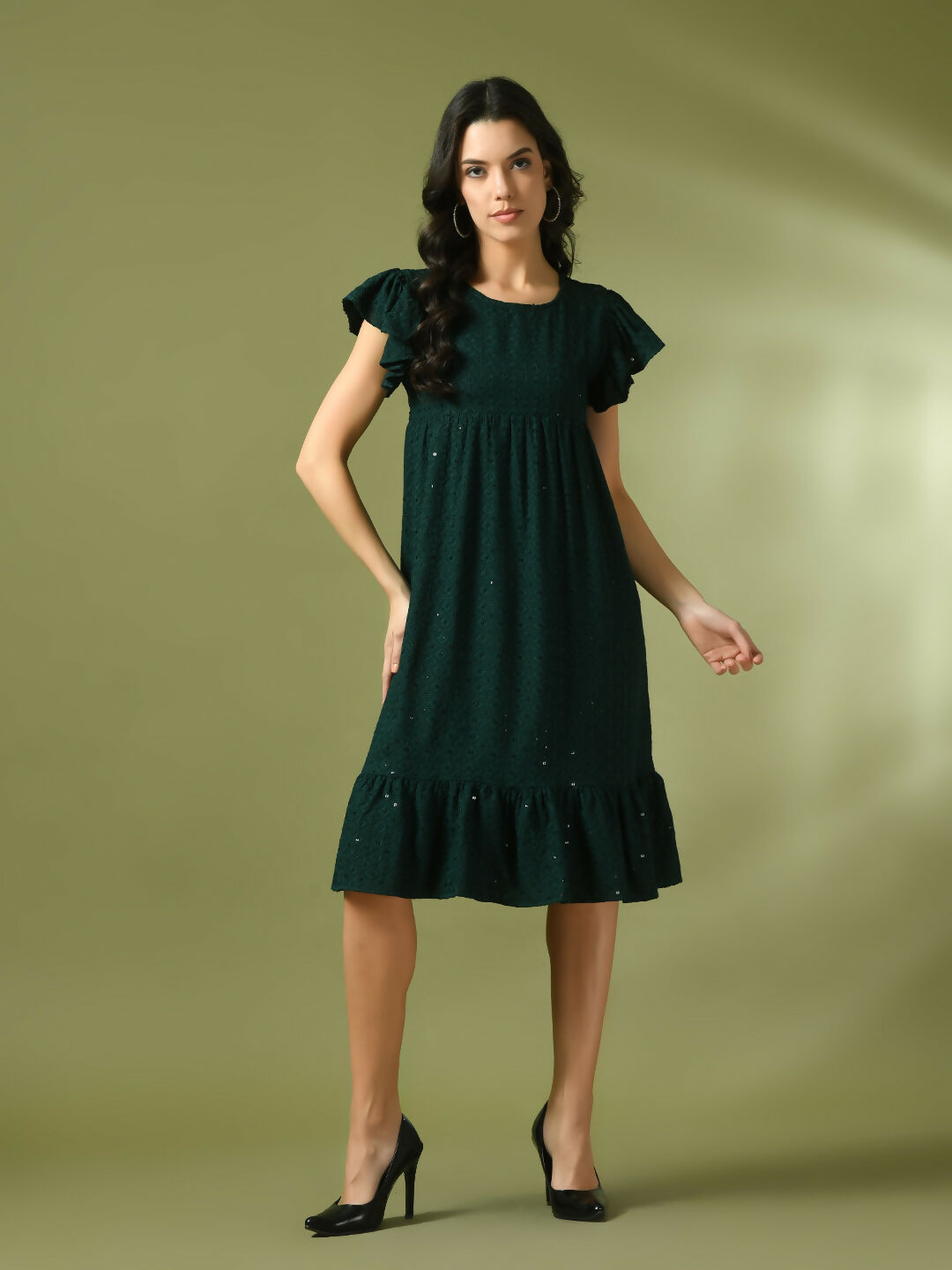 Myshka Women's Green Embroidered Cotton Round Neck A-Line Party Dress | Grocsy