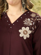 Teeya Creation Women Coffee Brown Embroidered Tunic & Pant Co-Ord Set | Grocsy