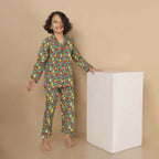 Breathables Kids Cotton Watermelon & Pineapple Print Night Suit – Green Full Sleeves Shirt & Pant Co-Ord Set | Nightwear | Grocsy
