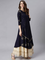 Janasya Women Navy Blue Quirky Embellished Crepe Anarkali Kurta | Grocsy