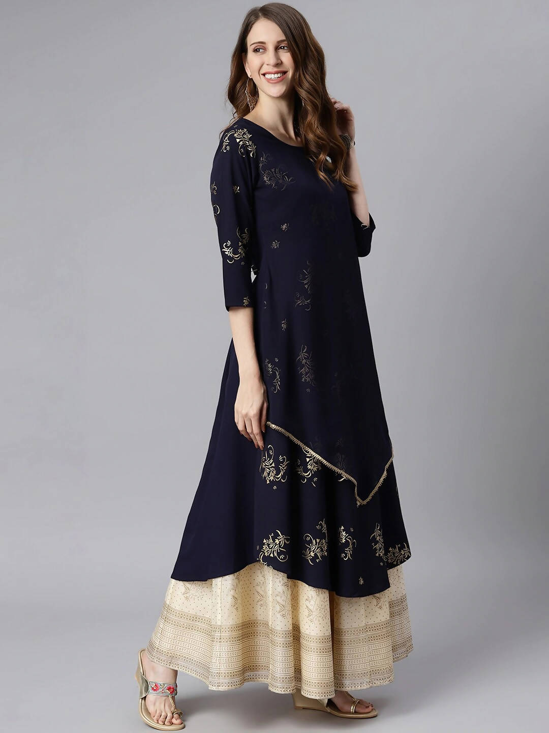 Janasya Women Navy Blue Quirky Embellished Crepe Anarkali Kurta | Grocsy