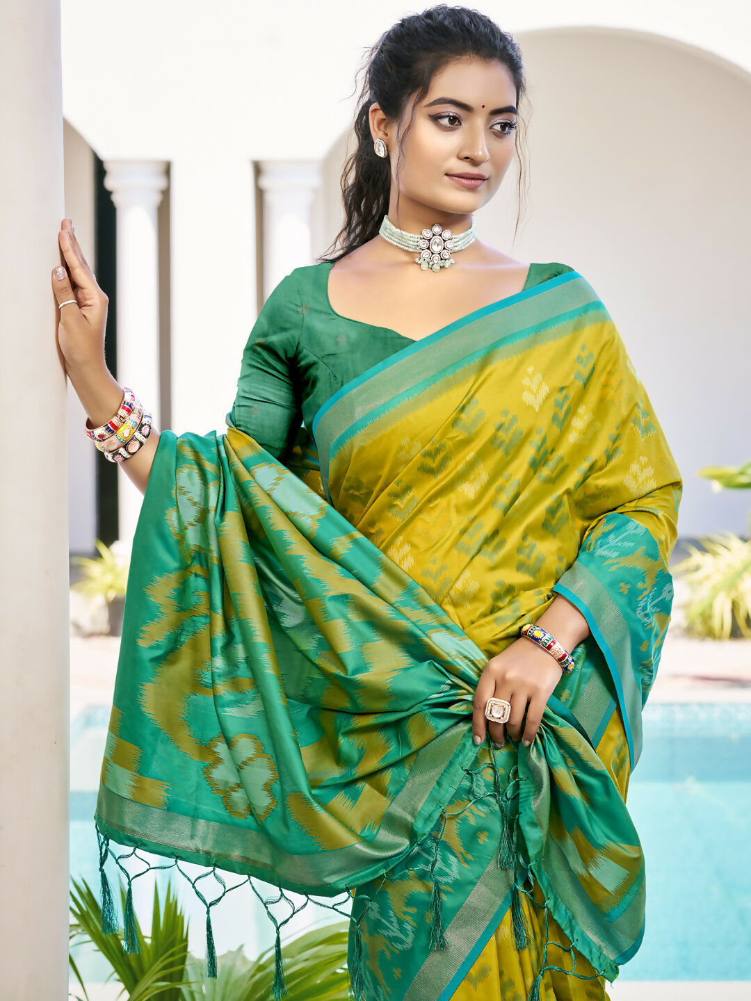 Shree Shyam Fashion Pochampalli Silk Mustrad Yellow Saree | Grocsy