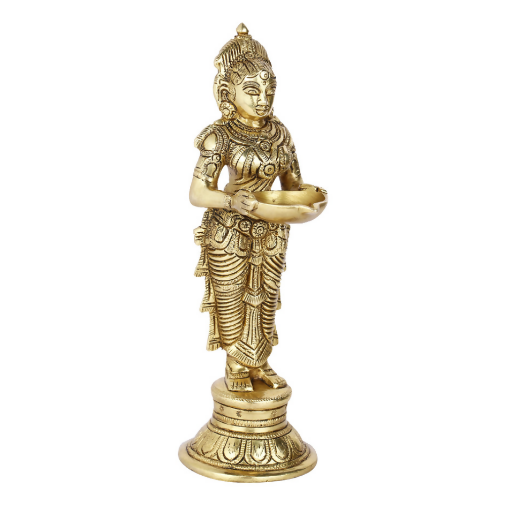 CraftVatika Brass Beautiful Lady Holding Diya Oil Lamp Stand Showpiece | Grocsy