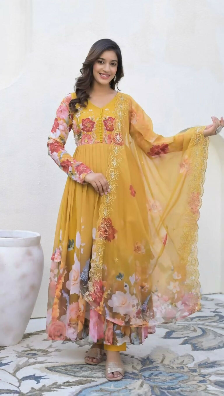 Teeya Creation Yellow Color Faux Georgette Printed Party Wear Gown | Grocsy