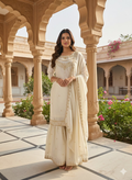 Teeya Creation Cream Color Fendy Satin Silk Heavy Embroidery Work Sharara Suit | Grocsy