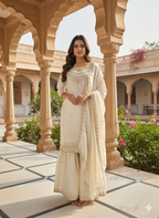 Teeya Creation Cream Color Fendy Satin Silk Heavy Embroidery Work Sharara Suit | Grocsy