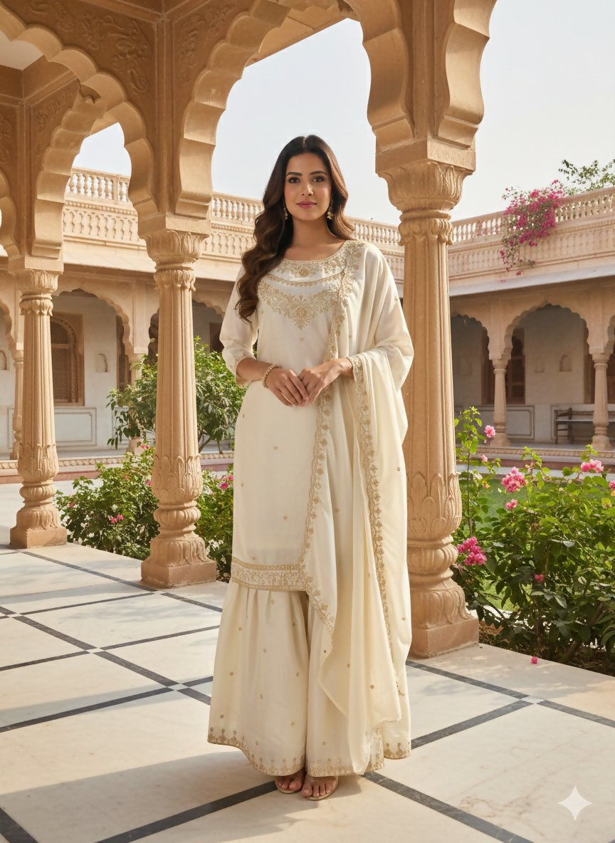 Teeya Creation Cream Color Fendy Satin Silk Heavy Embroidery Work Sharara Suit | Grocsy