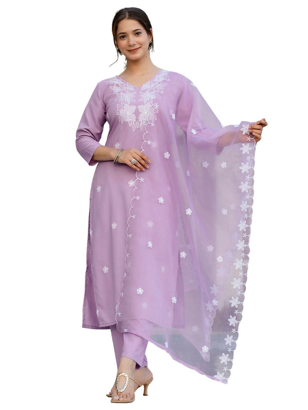 The52 Lavender Women's Beautiful Thread work Rayon Fabric with Straight Kurta, Pant and Dupatta Set | Grocsy