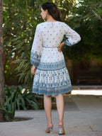 Juniper Women Off-White Georgette Printed Short Tiered Dress with Embroidered Yoke | Grocsy