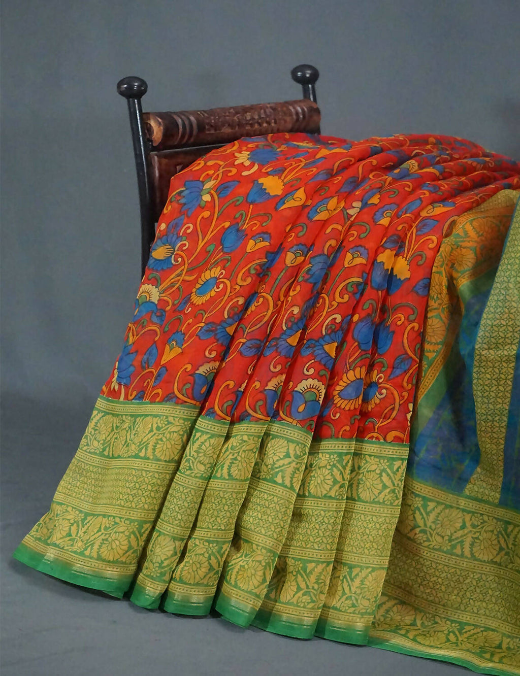 Multi Shades Of Red And Green Kalamkaari Design Semi Chanderi Saree By Gayathri Reddy Designer Studio | Grocsy