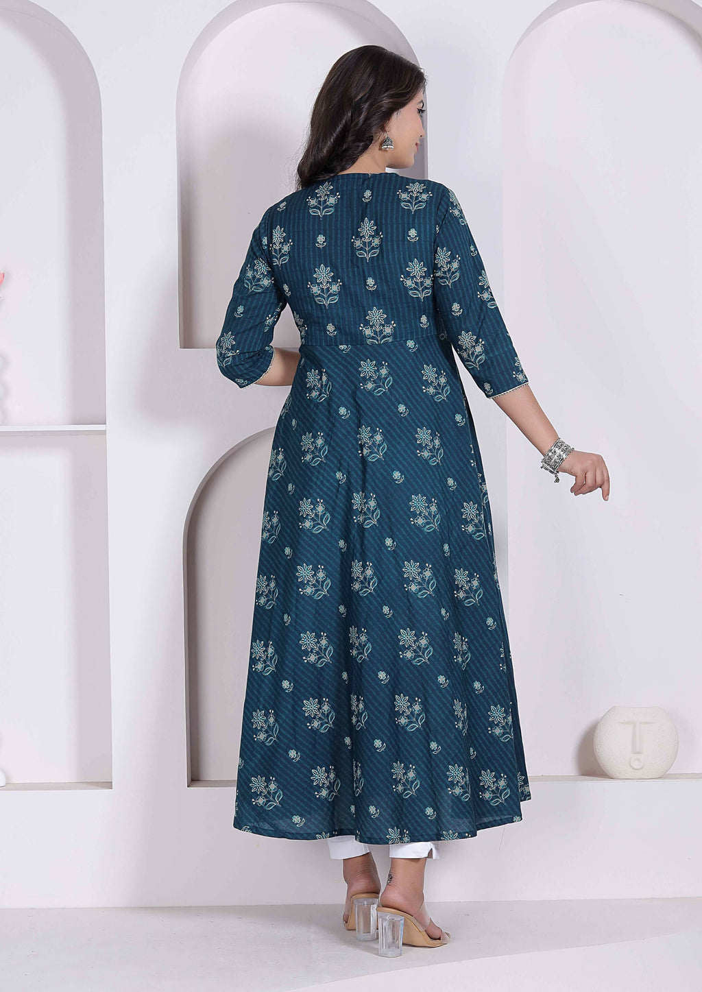 Miravan Womens Blue Ethnic Motifs Printed V-Neck Cotton Angrakha Kurta | Grocsy
