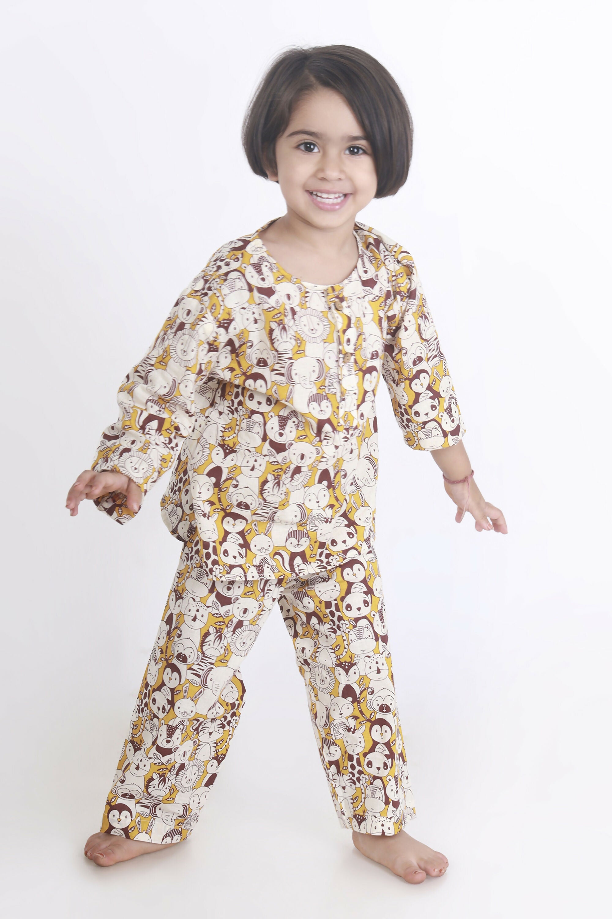Breathables Sunny Yellow Animal Print Cotton Night Suit For Kids | Grocsy