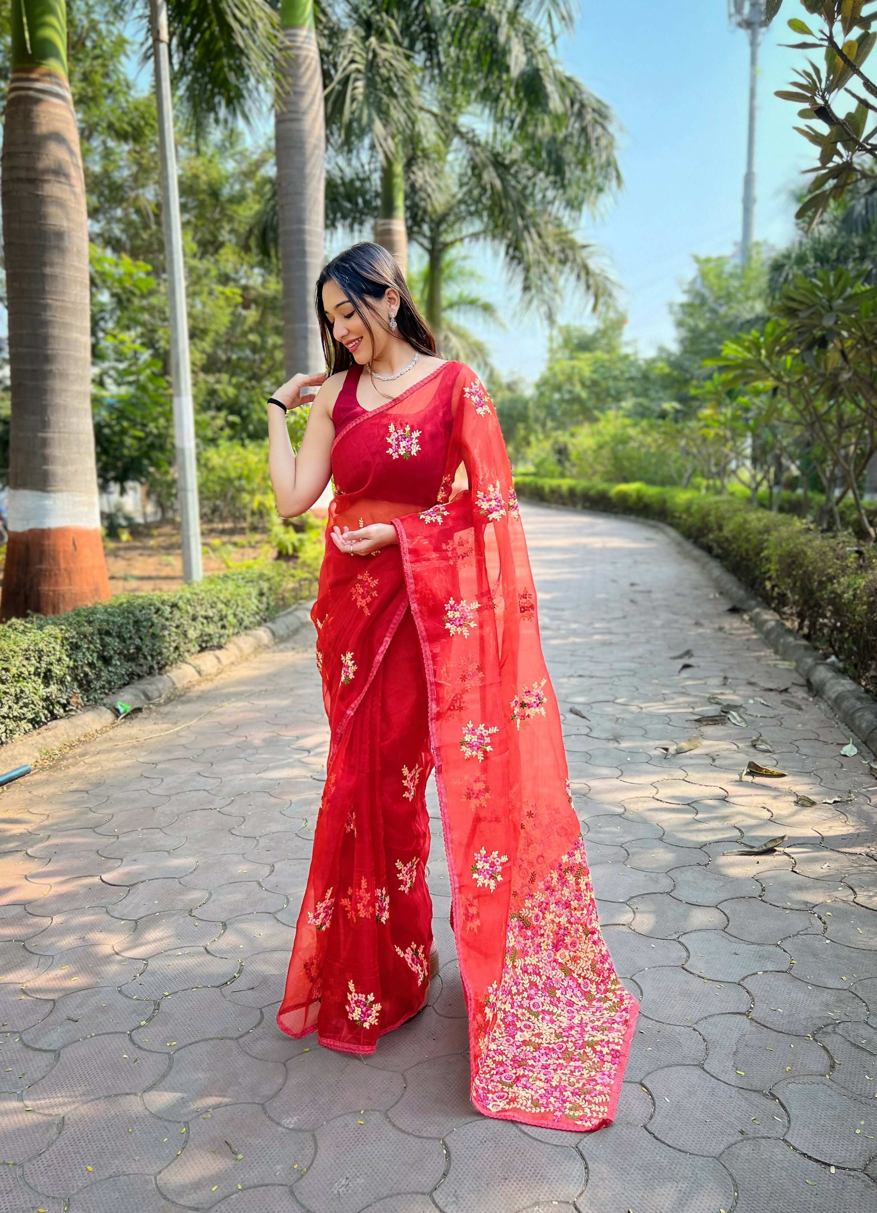 Vamsee Red-Garden Red Organza Saree | Grocsy