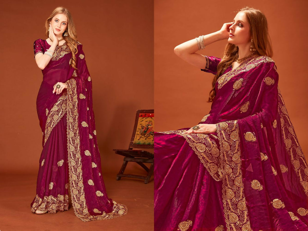 PR Fashion Wine Fendi Two Tone Silk Heavy Zari Embroidery Work With Zircon Work Saree | Grocsy