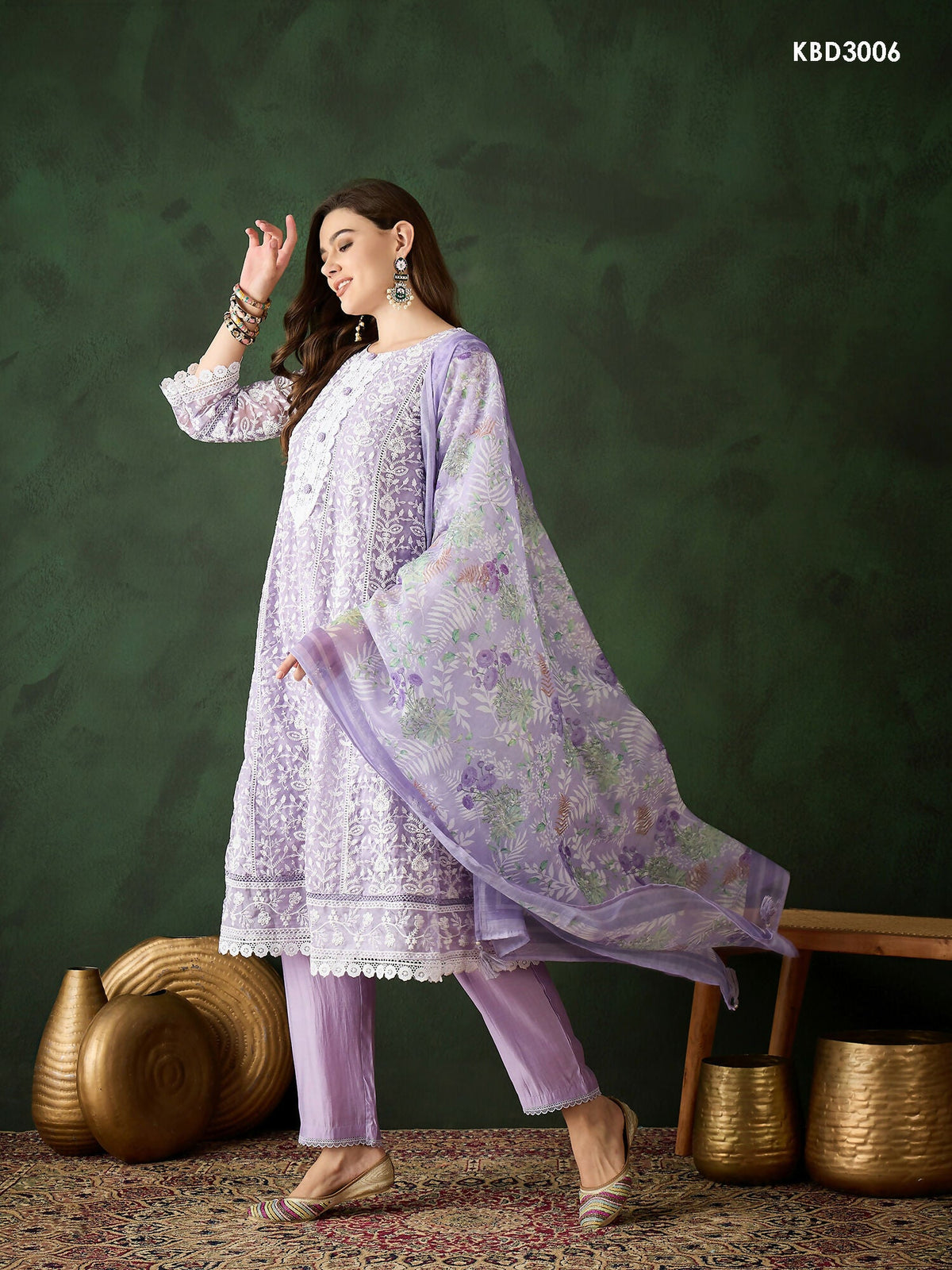 Lavender Crystal Organza schiffli embroidery Kurta With Trouser & Dupatta - Bhumi | Grocsy