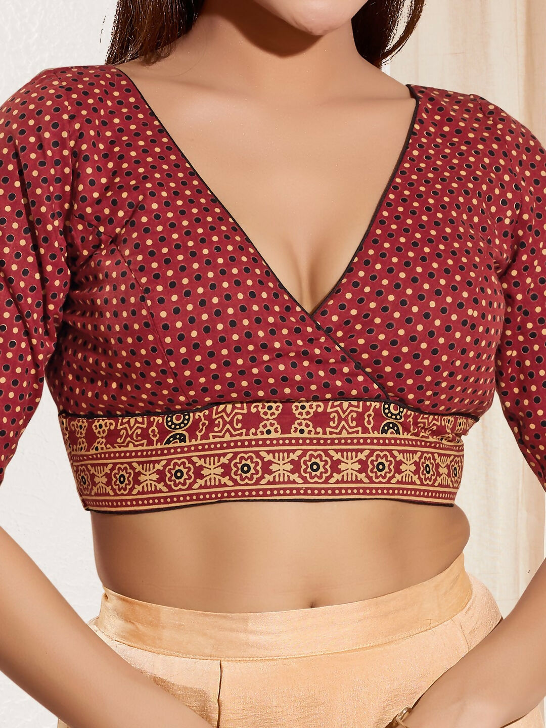 Joban Fashion Maroon Cotton Padded Blouse With V Neck Elbow Sleeves | Grocsy