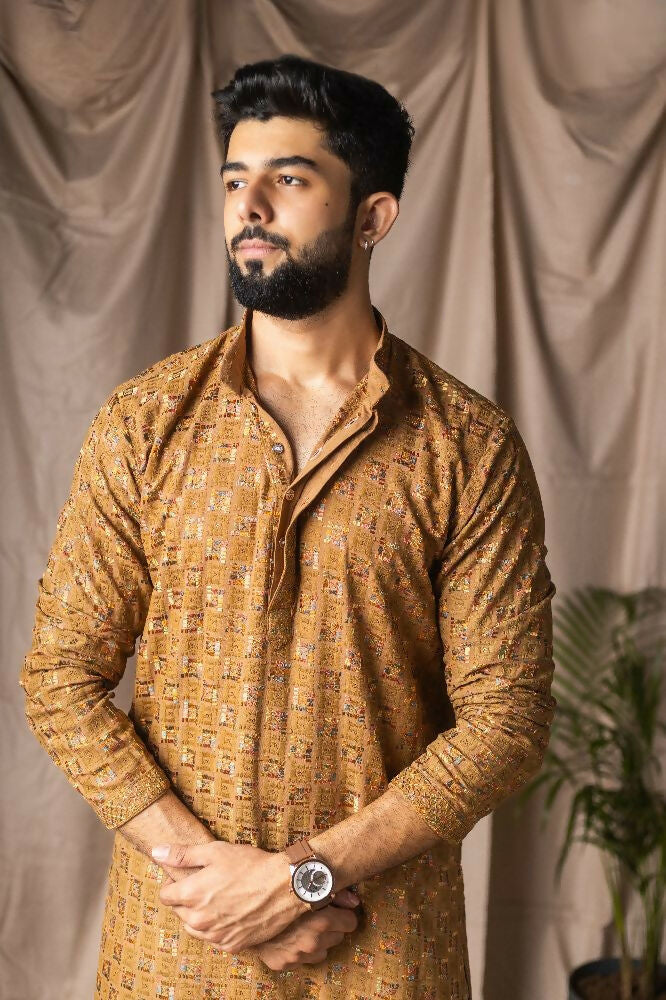 Occur Yellow Rayon Thread Embroidery Work Kurta Set - Mahotsav | Grocsy