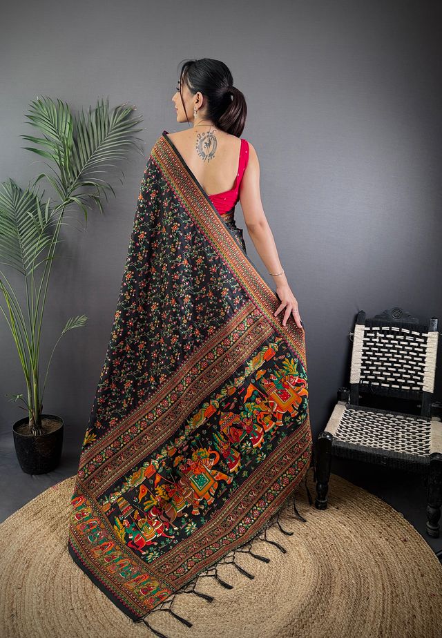 Elora Black Pashmina Silk Meenakari Weaving Madhubani Design Kashmiri Saree | Grocsy