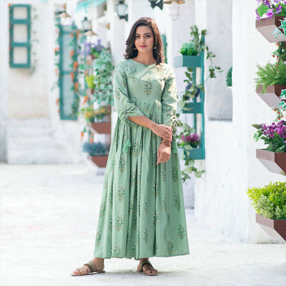 Partywear Designer Digital Printed Moss Green Pure Maslin Gown - Anbazaar | Grocsy