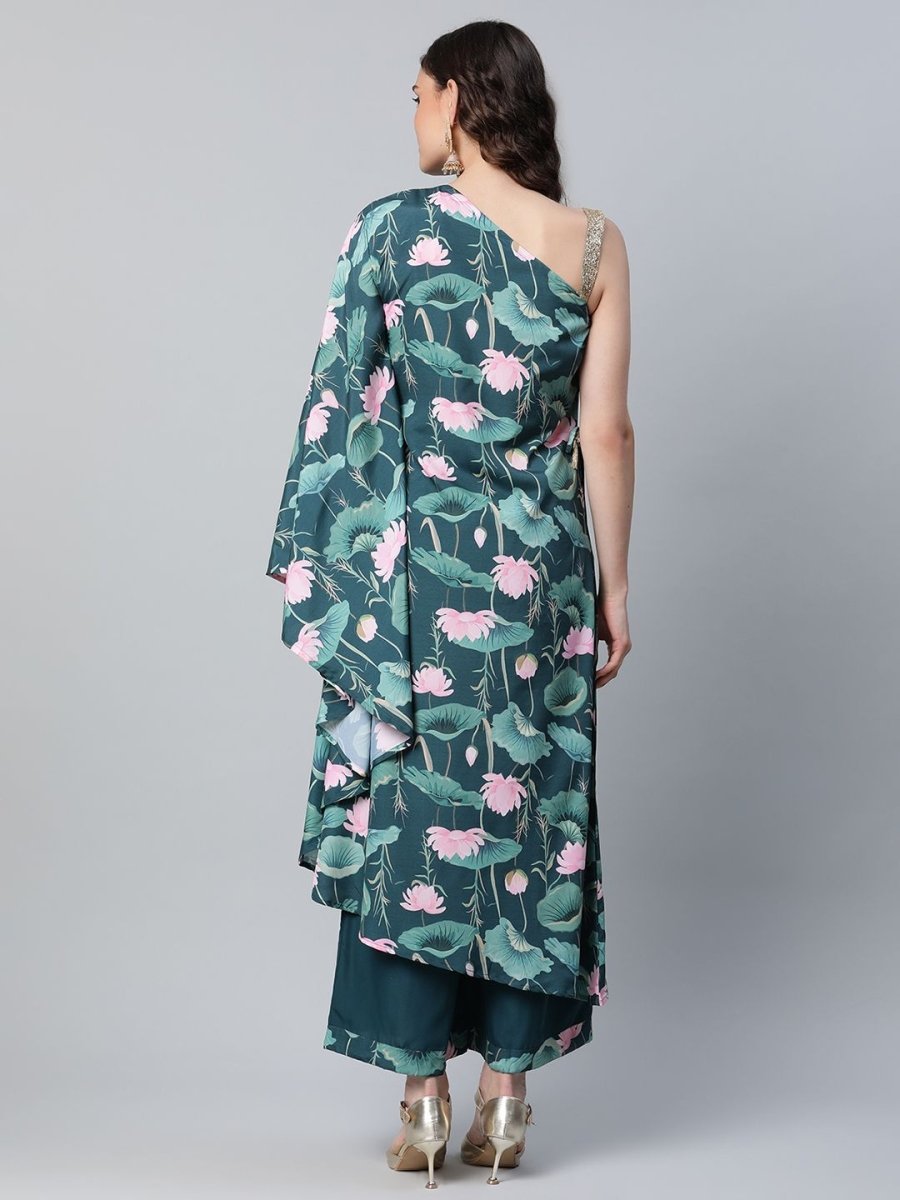 Ahalyaa Women Green Crepe Floral Printed Kurta with Palazzo Set | Grocsy