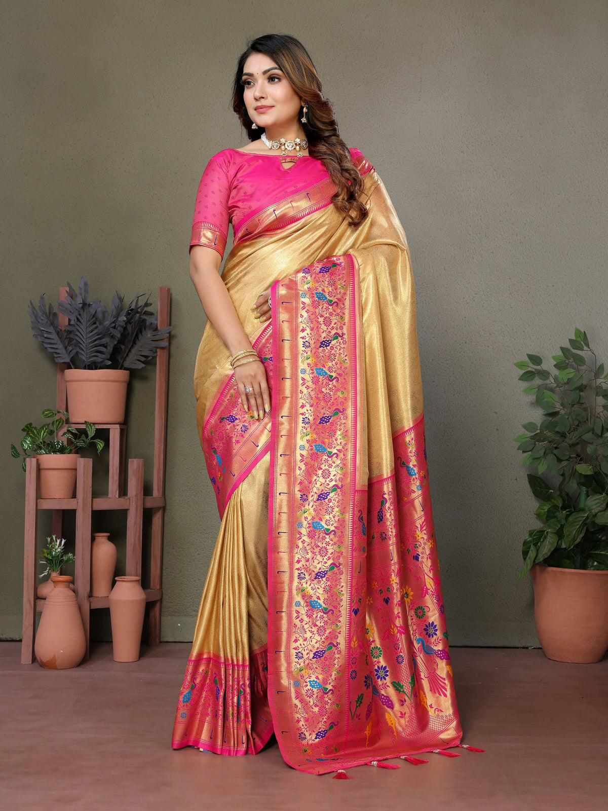 Aastha Fashion Gold Tissue Silk Paithani Woven Saree | Grocsy
