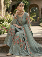 Teeya Creation Teal Fendy Silk Heavy Embroidery Work Party Wear Sharara Suit | Grocsy