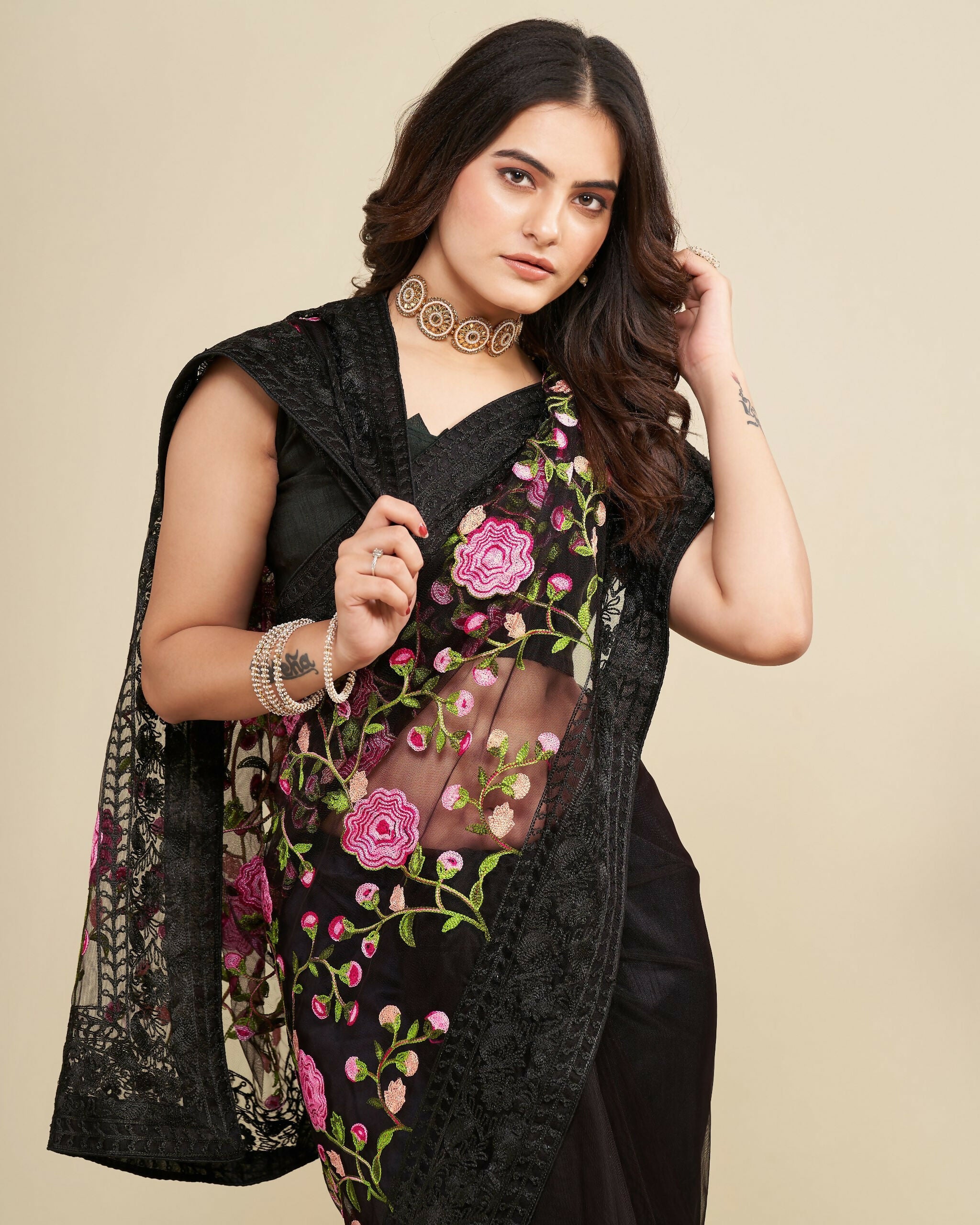 Teeya Creation Womens Latest Stylish Party Wear Soft Net Saree-Black | Grocsy