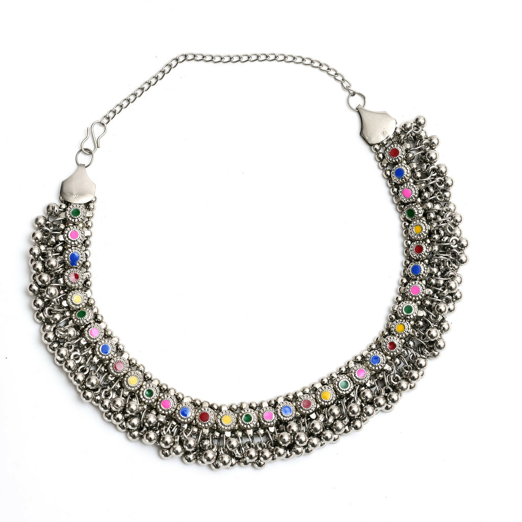 Mominos Fashion Johar Kamal Oxidised Silver-Plated Meena Work Choker Set | Grocsy