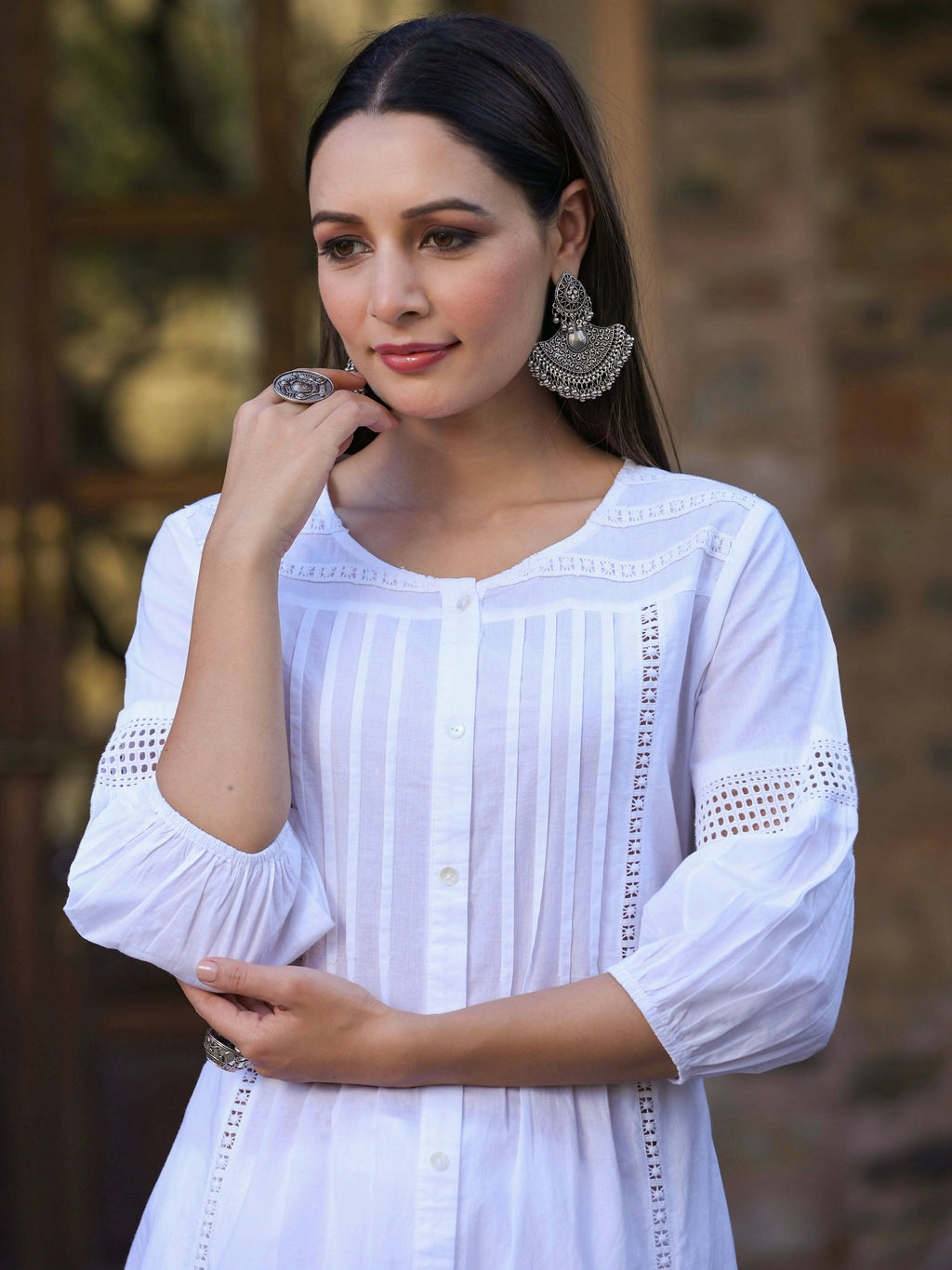 Juniper Women's White Cotton Cambric Solid A-Line Kurta | Grocsy