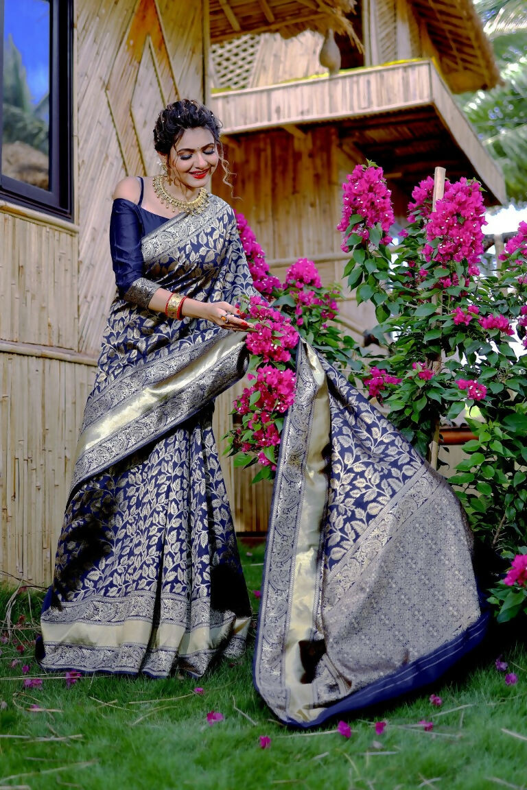Partywear Designer Blue Banarasi Silk Fancy Saree - Starwalk | Grocsy
